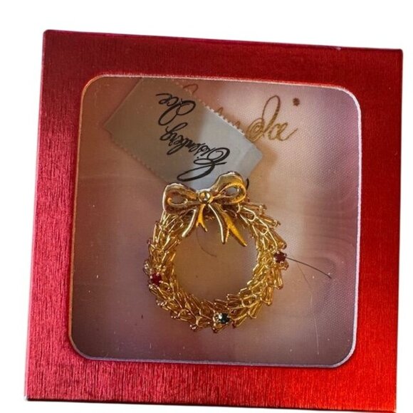 Eisenberg Ice Gold-Tone Christmas Wreath Brooch With Rhinestones & Bow - Picture 5 of 6